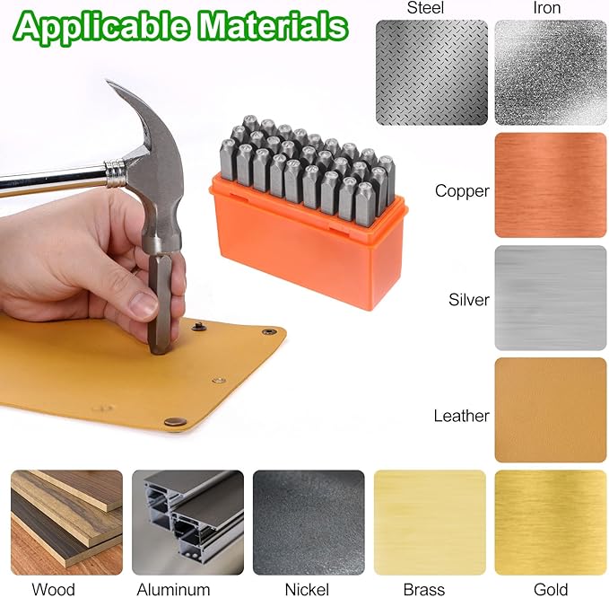 HARFINGTON 36pcs Metal Stamping Kit 5/16" (8mm) Steel Uppercase Letter and Number Punch Set (A-Z / 0-8 / "&" Symbol) Punch Press Tool with Case for Imprinting Metal Plastic Wood Leather