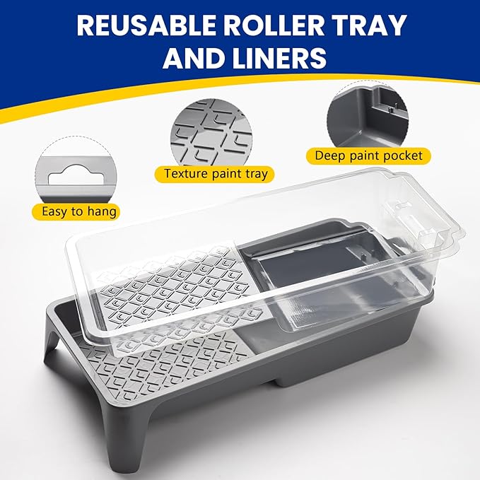 Mister Rui Paint Roller Kit, 16 Pack, 4 Inch Microfiber Paint Rollers, Small Paint Roller Covers, Disposable Paint Tray Liner and Frame, Mini Rollers for Painting Walls, Doors, Cabinets