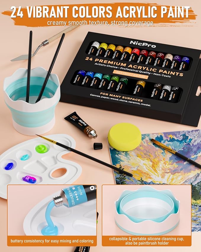 Nicpro 68PCS Acrylic Paint Canvas Set for Adults, Art Painting Supplies Kit with 24 Acrylic Paints,Table Easel,8 Canvas Panels,12 Brushes,Paper Pad,Cleaning Cup, Sponge, Palette for Beginner Artist