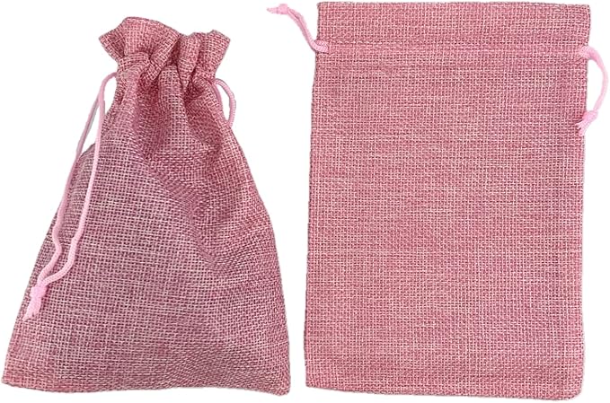 Palmhomee Pack of 25 Burlap Gift Bags with Drawstring Linen Jewelry Pouches Wedding Hessian Jute Bags for Birthday and Treat Pouches Party Wedding Favors Gift (5x7 Inch, Pink)