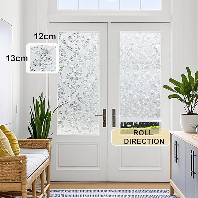 Window Privacy Film Decorative for Front Door, Bathroom Static Cling Stained Glass Sticker Opaque Heat Control UV Blocking Non-Adhesive for Home Windows, Damask