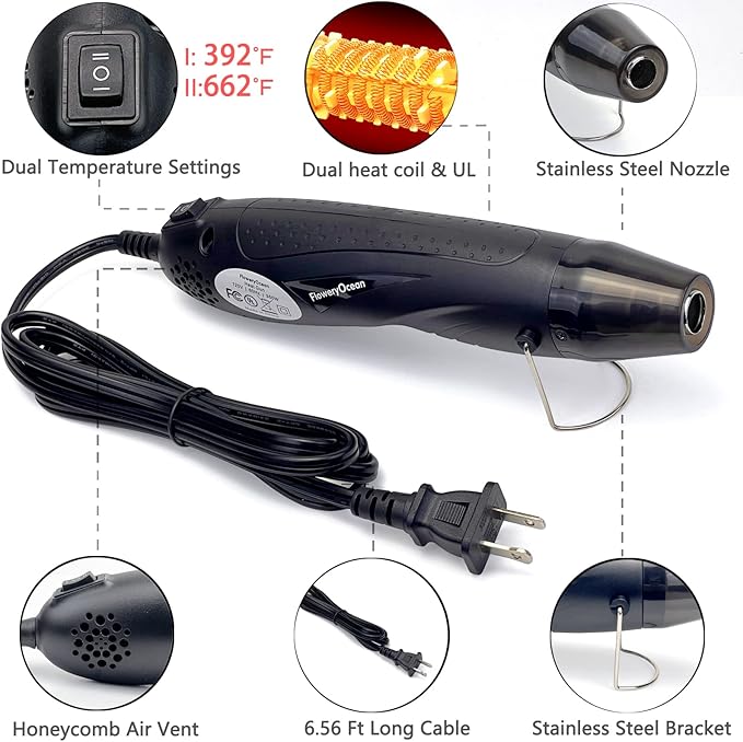 Mini Heat Gun+Reflector Nozzle Kit 350W Fast Heat Hot Air Gun Overload Protection 2 Temp Setting 392°F-662°F & 6.6Ft Long Cable for Craft Shrink WrappingTubing Stripping Paint