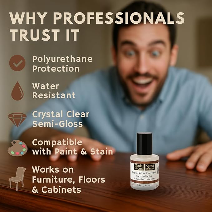 Trade Secret Crystal Clear Pro Finish, Furniture Repair Touch Up Coat, Clear Polyurethane Scratch and Water Protection, Wood Varnish and Polish, Paint and Stain Compatible, 0.5 oz (14.8 ml)