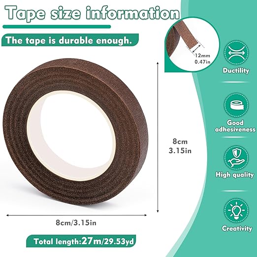 Floral Tape, 1/2inch Flower Tape, Flower Tape for Bouquet Stem Wrap Floral Arranging Craft Projects Corsages, Wedding Bouquet (Brown)