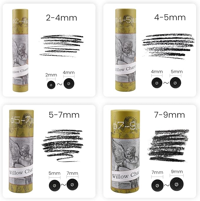 LOONENG Willow Charcoal Sticks, Natural Willow Charcoal for Artists, Beginners, or Students of All Skill Levels, Great for Sketching, Drawing, and Shading, Approx 2-4mm in Diameter, Pack of 25