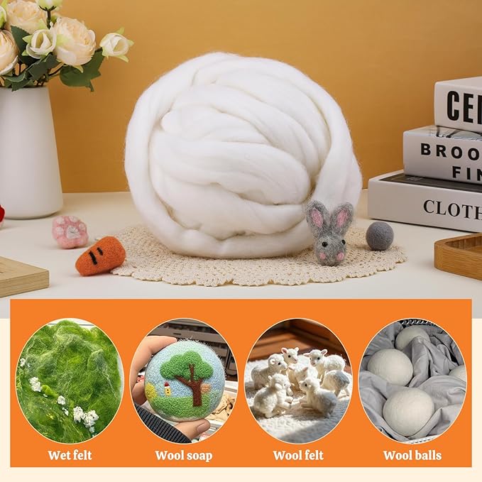 3.53oz Wool Roving Yarn, Wool Felting Supplies, Pure Wools, Chunky Yarn, Spinning Wool Roving for Needle Felting Wet Felting DIY Hand Spinning (White)