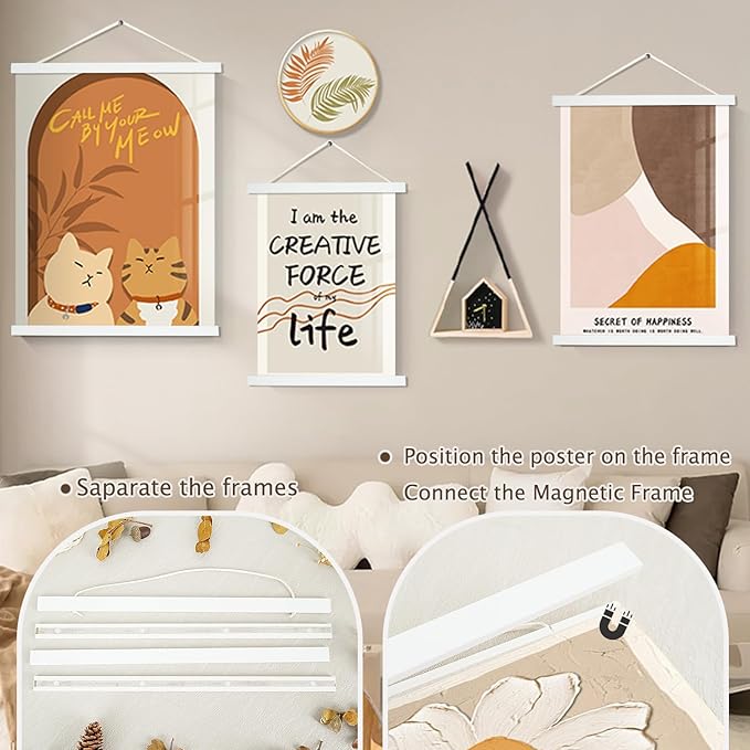Artmag Magnetic Poster Hanger Frame, 32x24 32x40 32x48 Light Wood Wooden Magnet Canvas Artwork Print Poster Hangers Frames Hanging Kit (White, 32")