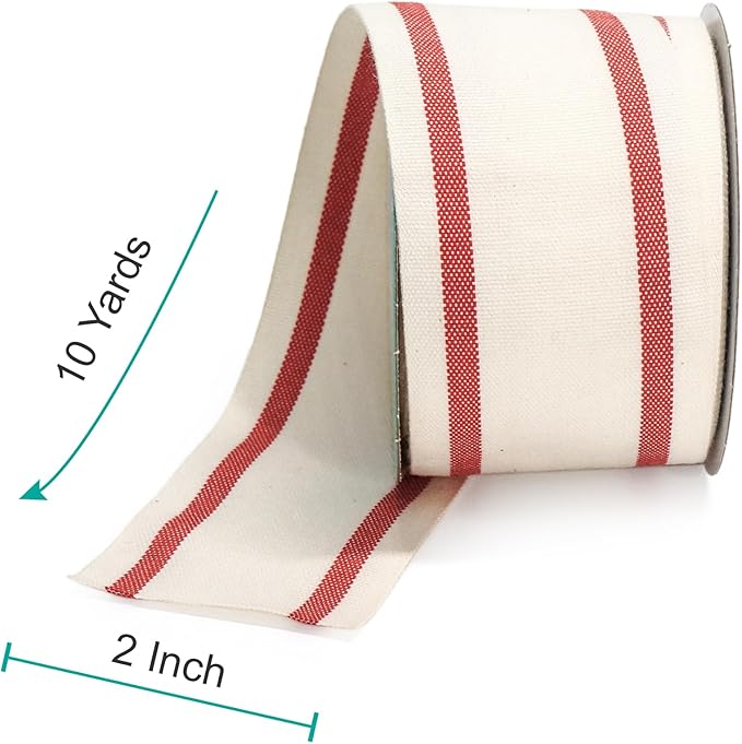 CT CRAFT LLC Ivory Cotton Red Stripes Ribbon 2" x 10 Yards for Home Décor Gift Present Wrapping DIY Crafts Birthday Wedding Bouquet Christmas