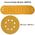 5-Inch 8-Hole Hook and Loop Sanding Discs 80-Grit Random Orbit Sandpaper, 100-Pack