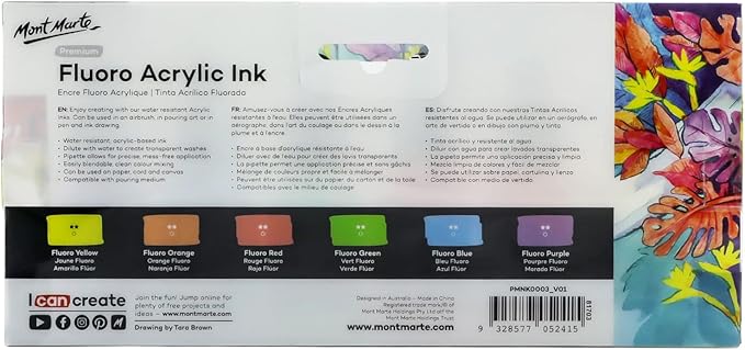Mont Marte Acrylic Ink Premium 6pc x 20ml (0.7 US fl.oz), Acrylic Inks for Artists, Fluoro Colors, Ideal for Air Brush, Pouring Art, Scrapbooking, Ink Drawing, Mixed Media