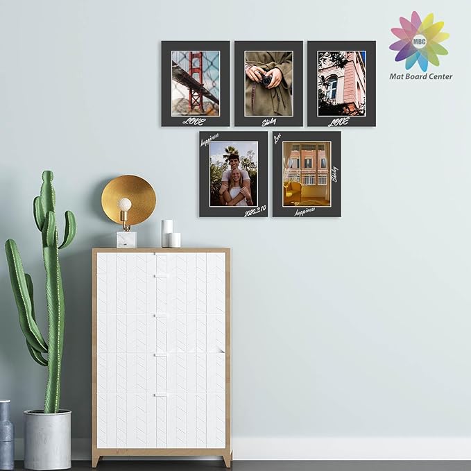 MBC Mat Board Center, 5 Pack 8x10 for 6x8 Black Picture Mats Frame Mattes, Bevel Cut, Acid Free, 4-ply Thickness