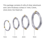 6 Rolls Silvery DIY Craft Art Aluminum Wire, 1mm, 1.5mm, 2mm, 3mm in Diameter