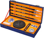 MEGREZ Chinese Calligraphy Set for Beginners, Comes with Calligraphy & Sumi Brushes,Calligraphy Ink Stick and Ink Stone for Writing and Drawing, Blue Gift Box(10 Items)