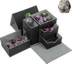 Dice Tray & Dice Tower Storage Box, 3 in 1 Dice Holder Case (Dice Rolling Tray, Dice Rolling Tower, Dice Storage Drawers), Leather Magnetic Closure DND Accessories Gifts for RPG MTG, Black/Grey