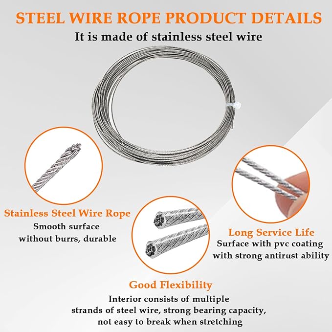 SDTC Tech Picture Wire Hanging Kit Supports Up to 40lbs with D-Rings, Wall Hanging Hooks, 50ft Stainless Steel Wire Rope, Level, Aluminum Crimping Loop Sleeve & Screws for Painting Photo Mirror Frame