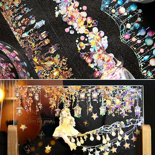6 Rolls Holographic PET Tape Stickers for Journaling,Romantic Lights Series Glitter Washi Tape,Self-Adhesive Vintage Washi Tape Stickers,Decorative Tape for Scrapbook Photo Album Gift Wrap DIY Crafts