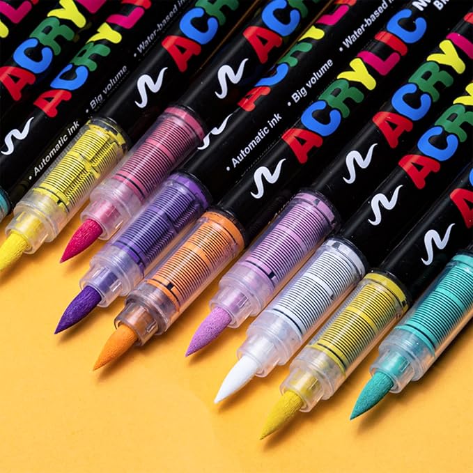 Guangna Acrylic Paint Markers,12 Colors with Direct-Liquid Ink Control System, Professional-Grade Paint Pen for Rock Painting, Canvas, Glass, Plastic, Fabric & Creative Crafts