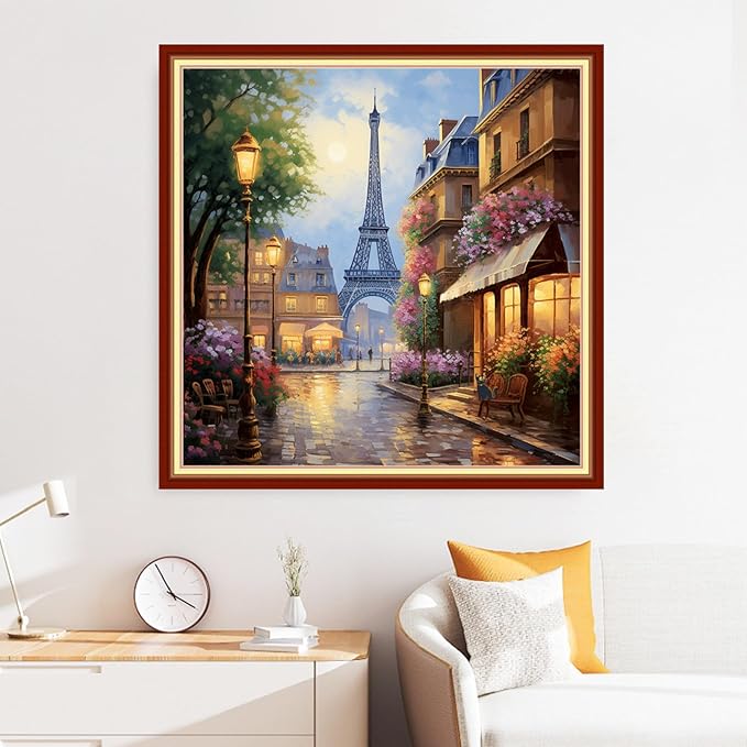 Disxvivy Cross Stitch Stamped Full Embroidery Kits DIY 11CT Cotton Thread Printed DIY Needlepoint Kits Craft Needlework Set Cross-Stitch Stamped Sets-Flower Street Tower 18x18 inch