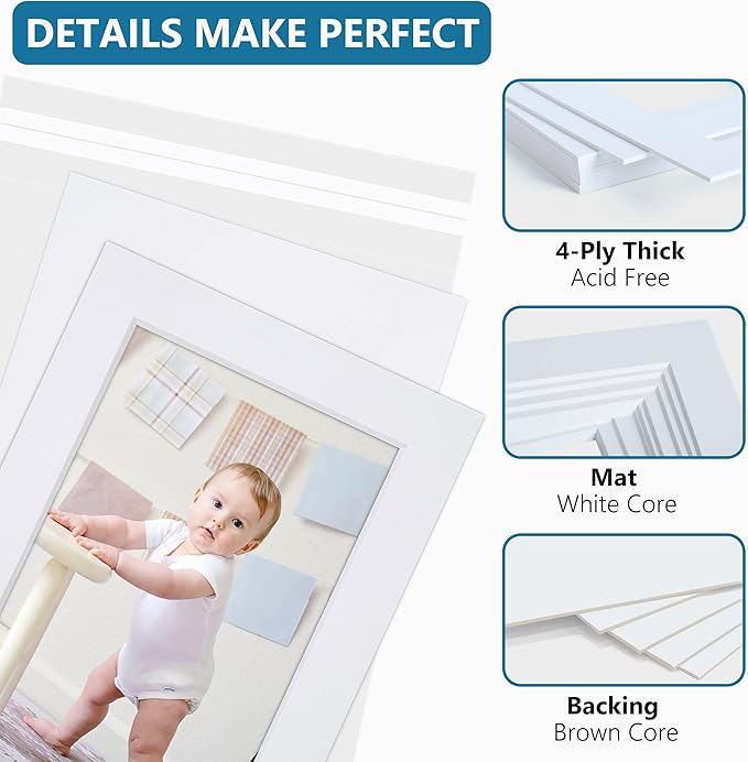 Somime 10 Pack White Photo Mats 11x14 for 8x10 with Core Bevel Cut Matte Sets, Acid Free Mat Board for Picture Frame, Photos, 11x14 Mat - Includes Pre-Cut Mats, Backing Boards and Clear Seal Bags