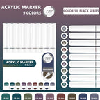 Water Based Acrylic Paint Markers, 9 Colors Acrylic Paint Pens Set with Soft Brush Tip, Marker Pen for Rock Painting, Egg, Wood, Glass, Paper, Acrylic Painter Ink (Colorful Black Series)