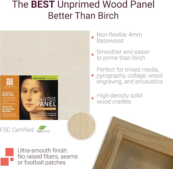 Ampersand Art Supply Unprimed Basswood Artist Panel, 1-1/2" Cradled Profile, 10"x20"