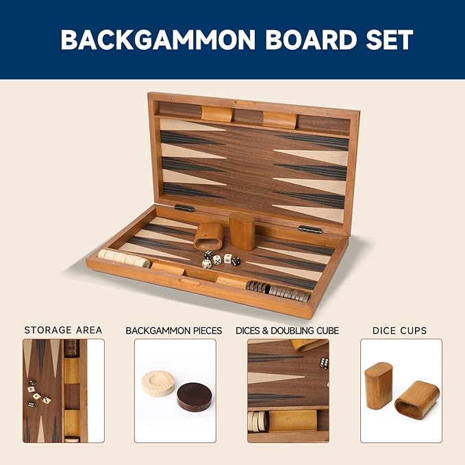 GSE Games & Sports Expert Premium Wooden Folding Inlay Backgammon Board Game Set, Classic Traditional Strategy Board Games (Focus- 21 Inches)