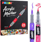 POMAC Dual Tip Acrylic Paint Markers Pens 24 Assorted Colors, Direct Liquid Acrylic Marker with Brush & Fine Tip, Water-Based Paint Marker for Fabric, Canvas, Rock, Glass, Wood, Crafts, Art Supplies