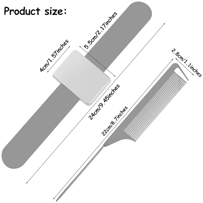 WILLBOND Magnetic Wrist Sewing Pincushion Wrist Magnetic Pin Holder Wristband Pin Cushion Holder with 3 Pcs Stainless Steel Pintail Comb Rat Tail Comb for Hair Clips Hand Sewing(Gray)