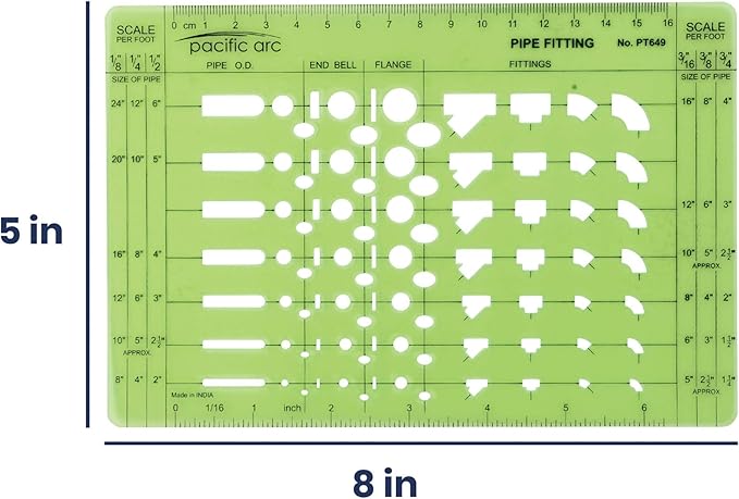 Pacific Arc Pipe Fitting Template Guide, with Pipe O.D., End Bell, Flange, and Fittings