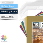 Mat Board Center, Pack of 10, 8x10 for 5x7 Mix Color Picture Mat Sets - Acid Free, 4-ply Thickness, Bevel Pre-Cut White Core - Includes Backing Boards and Clear Bags - for Pictures, Photos, Framing