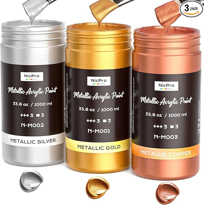 Nicpro Large Acrylic Paint Metallic, 3 Colors Gold, Silver, Copper 101.4oz/3000ml Gold Leaf Paint, Non Toxic, Non Fading for Art Painting, Handcrafts, Multi-surface, Canvas, Wood, Clay Metal Furniture