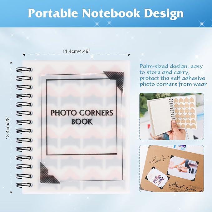GOONAVI 15 Sheets 360 PCS Rose Gold Photo Corners Notebook, Self-Adhesive Corners for DIY Album Journal, Corner Stickers for Trip Memory Book