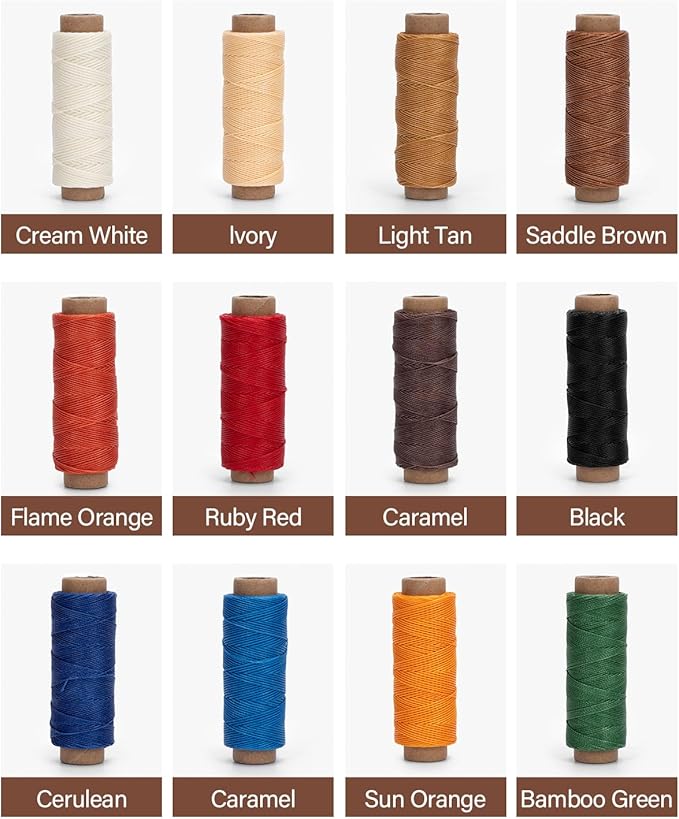 WUTA Leather Waxed Thread Round Polyester Sewing Threads with 12 Pcs Needles and Storage Bag Leather Craft Hand Stitching Line DIY Bracelet Thread Repair Work Cord (0.55mm