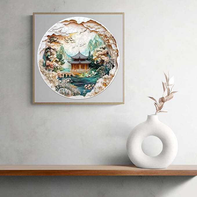 KAAYEE Wooden Puzzles for Adults, 3D Visual Effect Chinese Landscape Painting Wooden Jigsaw Puzzle Unique Shape Wood Puzzle Adult, 3D Effect Flat Puzzle Birthday Family Games (S-8.5 * 8.5 in-100pcs)