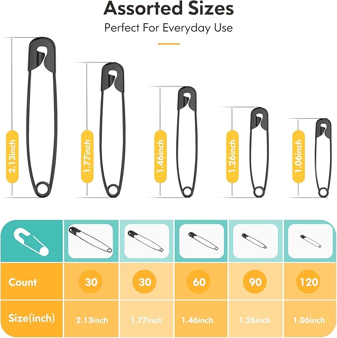 Safety Pins Assorted, 340 Pack Small & Large Heavy Duty Safety Pins for Clothes Sewing, 5 Different Sizes Pin Bulk, Arts and Crafts Supplies, Black