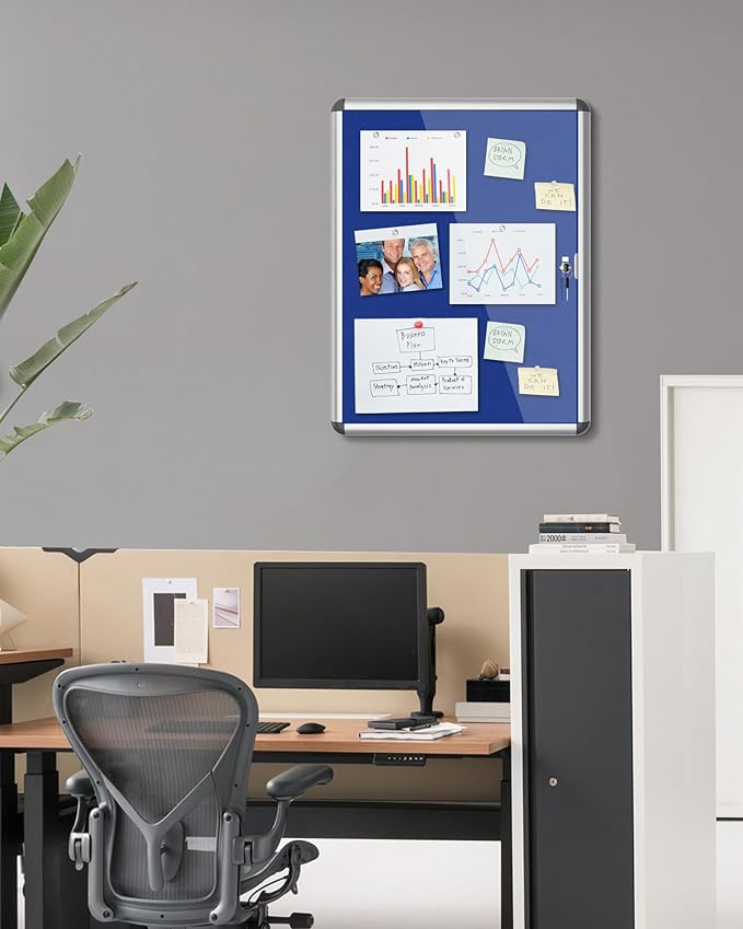 26"x20" Enclosed Bulletin Board, Lockable Weather-Resistant Aluminum Cork Noticeboard for School & Office, Silver Frame w/Blue Flet