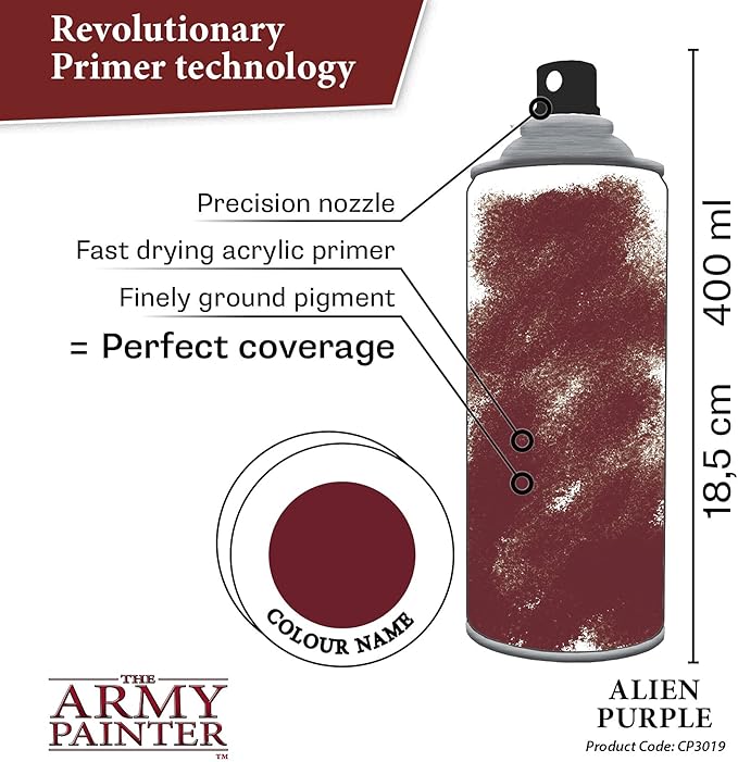 The Army Painter Colour Primer Alien Purple, 400 mL Acrylic Spray Primer, Spray Paint Basecoat for Miniature Priming, Tabletop Roleplaying, Boardgames, and Wargames Miniature Modelling