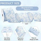 Blue Floral Bow Wired Edge Ribbon Chinoiserie Flower Bowknot Fabric Ribbon for DIY Crafts Wreath Bow Making Supplies, 12 Yard