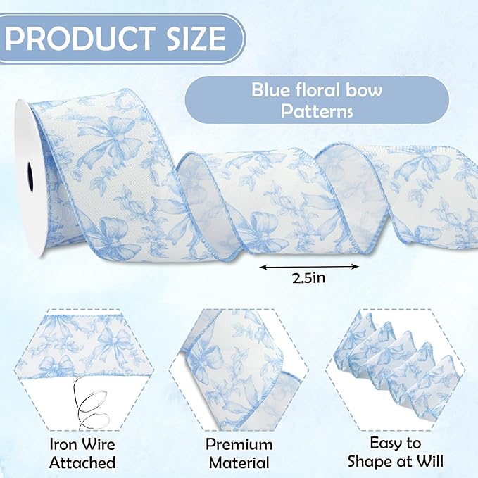 Blue Floral Bow Wired Edge Ribbon Chinoiserie Flower Bowknot Fabric Ribbon for DIY Crafts Wreath Bow Making Supplies, 12 Yard