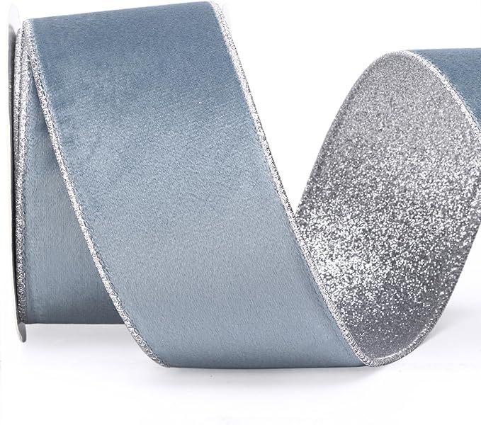 Ribbli Dusty Blue Velvet Wired Ribbon 2.5 Inch Dusty Blue Velvet with Silver Glitter Christmas Ribbon for Christmas Tree Decoration Big Bow Gift Wrapping Crafts Wreaths Supplies- 10 Yards