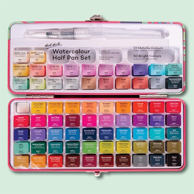 Mont Marte Watercolor Set Full Pan Signature 73pcs, Including 50 Bright and 22 Metallic Colors with Translucent Finish, Ideal for Artists, Hobbyists and Adults