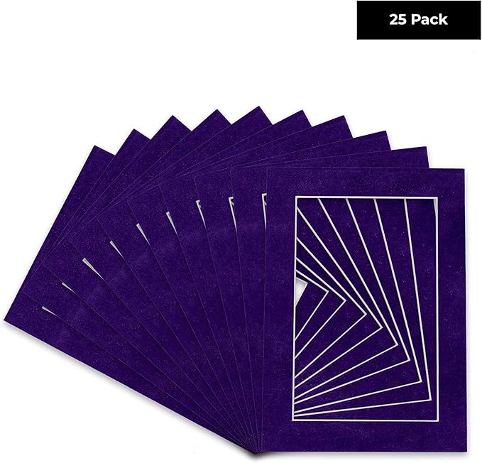 Pack of 25 Acid Free 11x14 Mats Bevel Cut for 8.5x11 Photos - Purple Crocus Suede Precut Matboards With Backing Boards and Clear Photo Mat Bags For Pictures, Photos, Framing - 4-ply Thickness