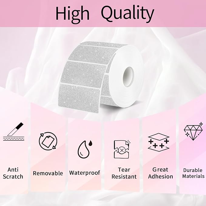 2x1 Inch Holographic Thermal Labels, Silver Glitter Thermal Printer Stickers, Waterproof Self-Adhesive Shipping Barcode Address Label Printer Sticker- 600 Labels/ 2 Rolls