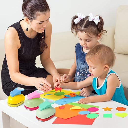 CHENGU 16 Pcs Craft Holes Punch Paper Punchers Scrapbook Punches with Craft Sticker Paper, Round, Star, Square, Heart, Flower, Wave Circle Shape(2 Inch,Multiple Styles)