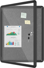 26"x20" Enclosed Bulletin Board, Lockable Weather-Resistant Aluminum Cork Noticeboard for School & Office, Black Frame w/Grey Flet