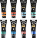 Arteza Metallic Acrylic Paint, Set of 8 Classic Elements Colors 4.06oz Tubes, Rich Pigments, Non Fading, Non Toxic Paints for Artists & Hobby Painters, Art Supplies for Canvas Painting & Crafts