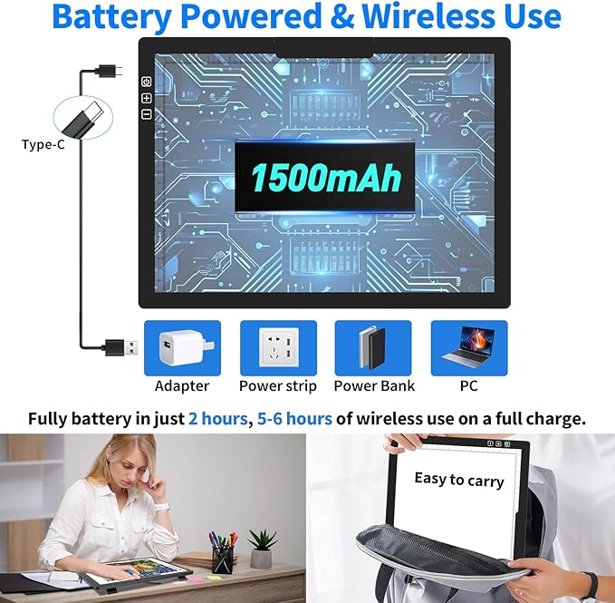 HIUKCOLED Rechargeable A4 Light Pad, Battery Powered Light Board with Top Clip＆Stand, Stepless Dimmable＆6-Level Brightness Adjustable, Wireless LED Tracing Box for Diamond Painting,Drawing,Sketching