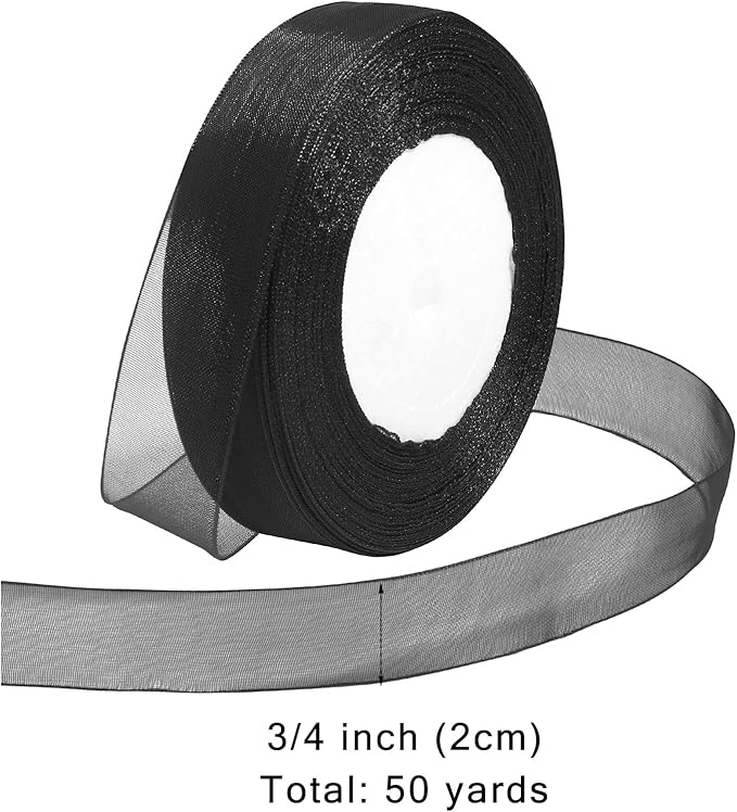 Ribbon for Gift Wrapping 3/4 inch Black Sheer Organza Ribbon for Flower Bouquet Tulle Thin Chiffon Ribbons for Wedding Invitations Christmas Halloween Presents Decorations Crafts 50 Yards