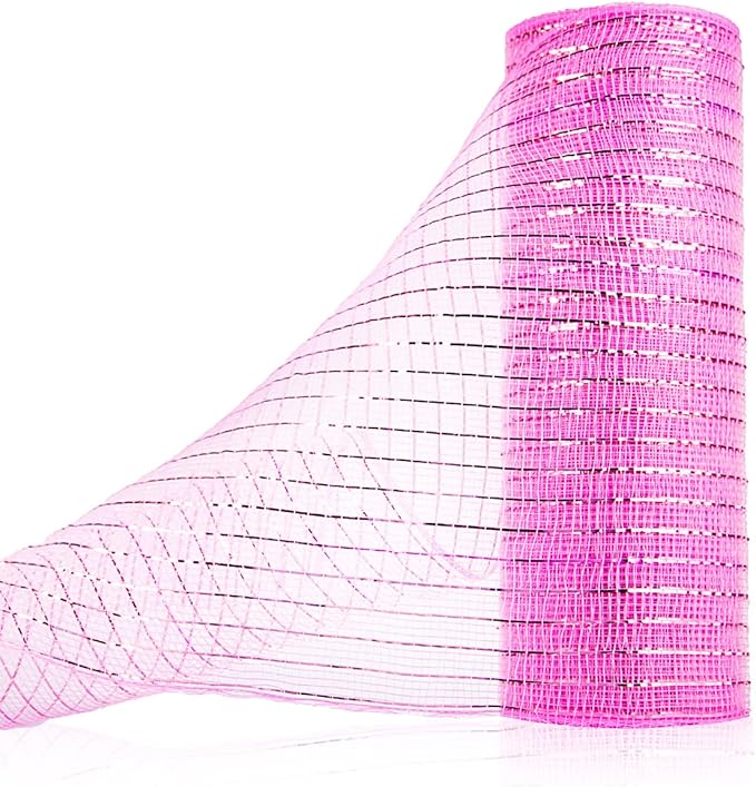 Anivia Deco Mesh Ribbon, 10inch x 30 Feet Each Roll Metallic Foil Mesh Ribbon for Wreaths Swags, Holloween, and Christmas Tree Decoration (Pink/Pink Foil)