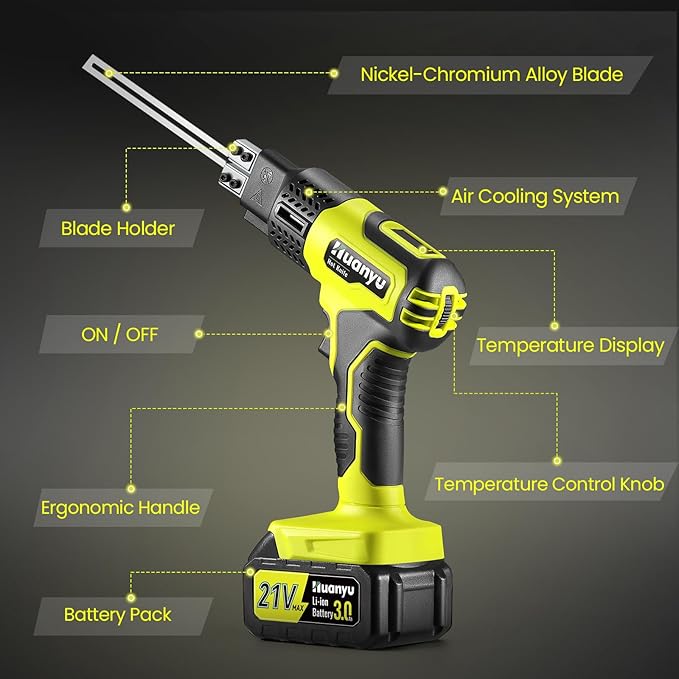 Huanyu Cordless Hot Knife with Temperature Display 100W Max 500℃ 3.0Ah Battery Powered Air Cooling Cutting Tool 2 Blades 4"+6" Set Electric Hot Knife for Styrofoam, Rope, Fabric, Acrylic